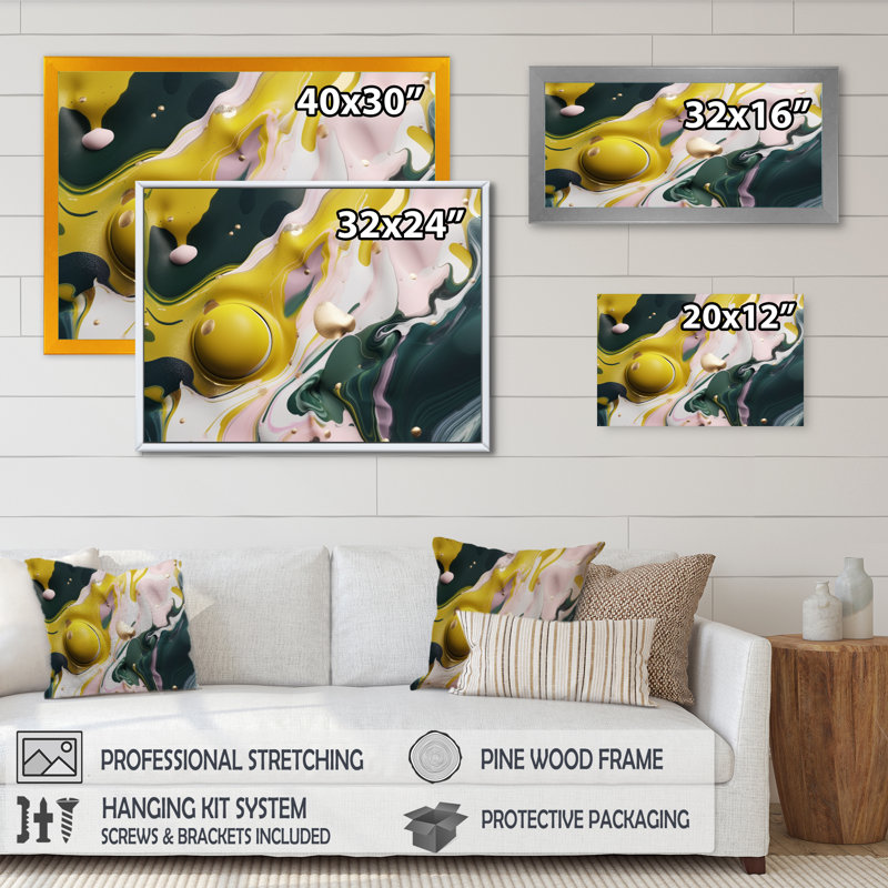 Jaune et vert pierre fluide I - impression abstraite sur toile de marbre, Cadre photo noir, H 24 po x l 32 po x P 1 po