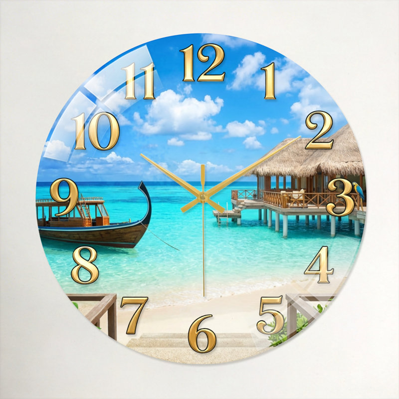 "Tropical Beach", horloge murale en verre, 40 x 40 cm (15,7 x 15,7 pouces)