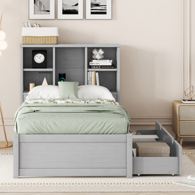 Twin Size Bed Frame with Built-in USB Bookcase Headboard & 2 Storage Drawers, Modern Platform Bed, Durable Wood, Grey