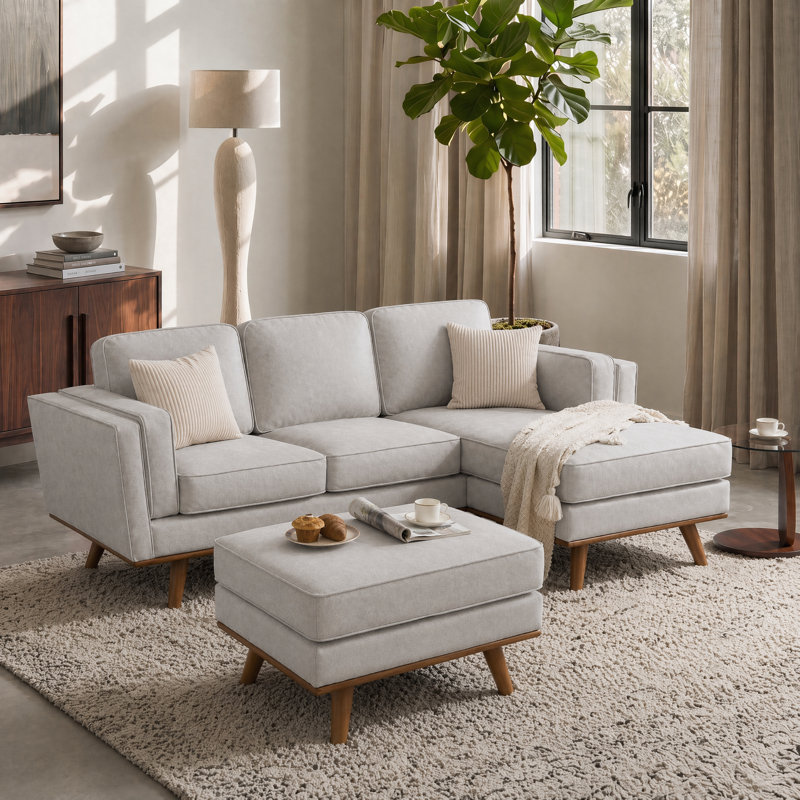2-Piece Upholstered Square Arm Sofa Set, Khaki Chenille