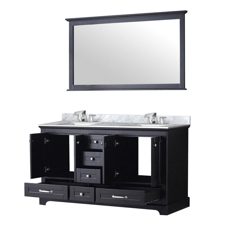 Meuble-lavabo double 60 po x 22 po, comptoir et robinet en marbre, miroir de 58 po - Surface avec rayures et taches de l 60 po x P 22 po avec comptoir, résistance aux rayures des 58 H