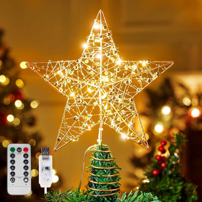 9.5inch Metal Beaded Christmas Star Tree Topper with 20LED, for Christmas Decorations Indoor/Outdoor, Holiday Gift, USB Powered(Warm White Lights)