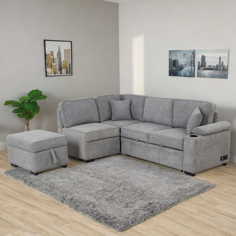 Mamounia 3-Piece Upholstered Sectional Sofa, Gray 100% Linen