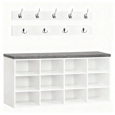 Shoe Storage Bench With Cushion And Coat Rack, 39.4" L, 12 Cubbies,(White)