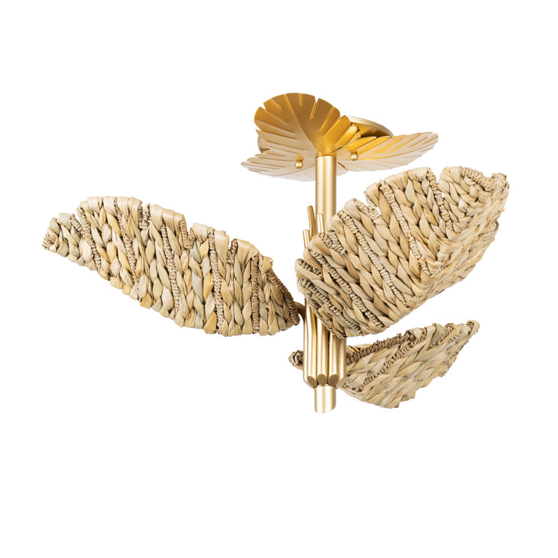 Banana Leaf 3-Light Semi-Flush Ceiling Light- French Gold/Natural Seagrass