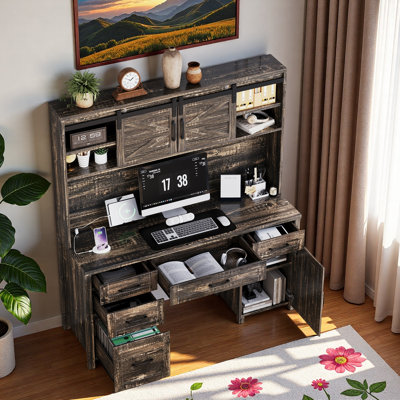 Bureau de ferme avec station de charge, huche de porte de grange coulissante, 5 tiroirs, armoire de rangement et tablette réglable à 3 positions