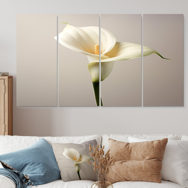 Gros plan d'une fleur de lys arum blanc - art mural lys pour le salon, 4 pièces, H 32 po x l 64 po