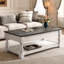 Table basse polyvalente à plateau relevable avec tablette fixe, 3 plateaux de rangement cachés, bois massif, gris antique et blanc vieilli, pour un plateau de table en bois épissé pour une maison paisible, espace de vie principal pratique