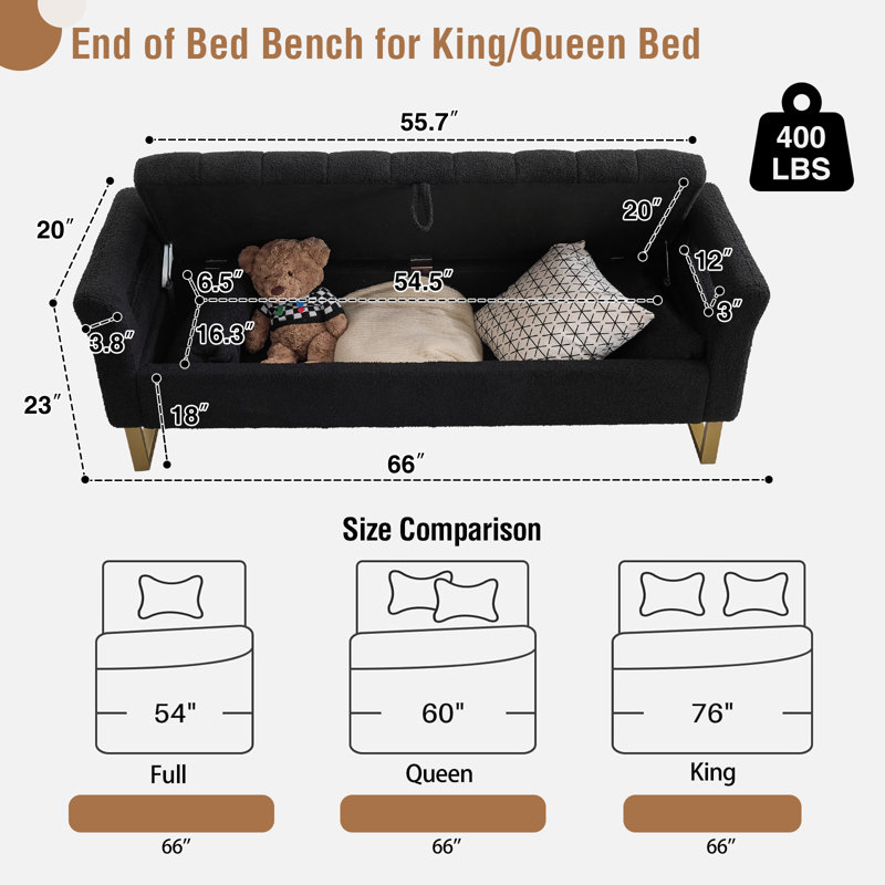 66"W Upholstered Flip Top Teddy Storage Bench King Size with Gold Legs,Curverd Armrest and 2 Pillows , Black