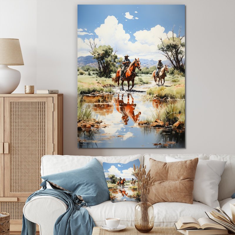 «Yeleina Cowboy Ranch Reflections Cowboys», reproduction sur toile, H 40 po x l 30 po x P 1,5 po, Toile tendue