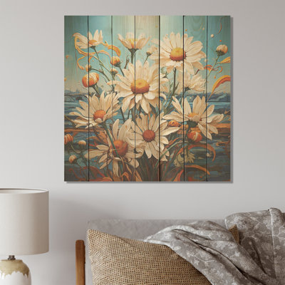 White Daisies Flowers On The Costal Blue - Daisies On Wood Print