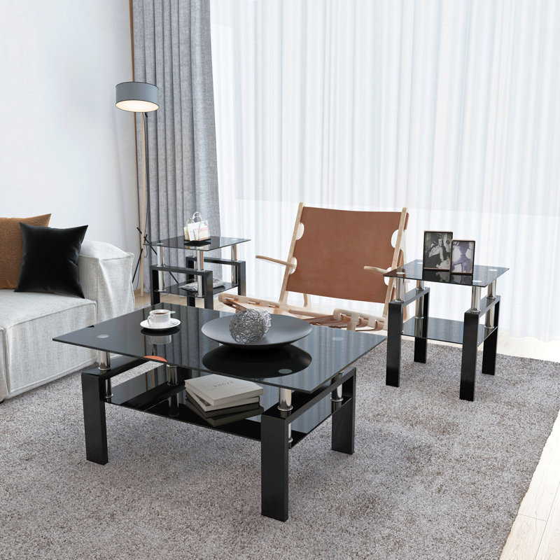 Modern Tempered Glass Tea Table Coffee Table End Table, Square Table For Living Room, Black, Black, 2