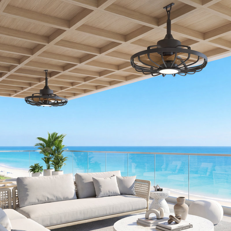 20" Outdoor Ceiling Fan With Light And Remote, Waterproof Caged Ceiling Fan, Dimmable Light For Patio, Bedroom And Kitchen, Brown
