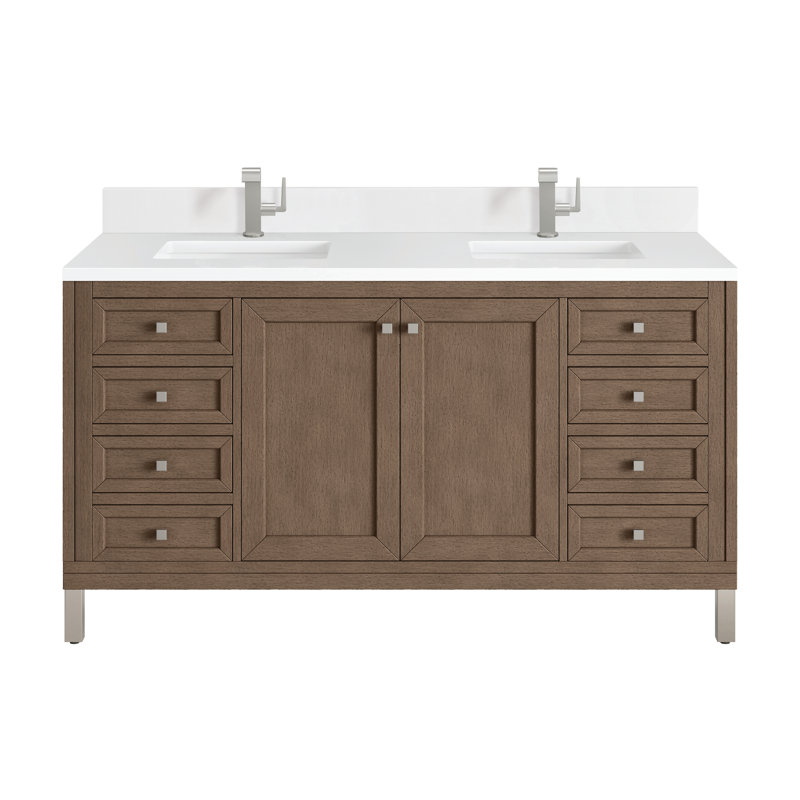Ensemble de meuble-lavabo double 60 po Chicago, Blanc lustré, Blanc Zeus, Trou unique