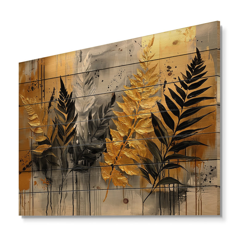 Minimalisme fougères Golden Spring Symphony II - décoration murale fougères en bois - sur bois de pin naturel