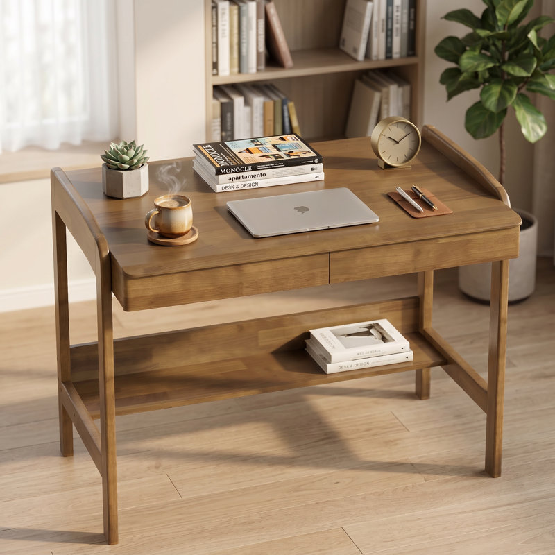 Bureau 100% moderne en bois massif de style Mid-Century avec tiroirs, bureau d'écriture rétro à hauteur réglable avec tablette de rangement et trou de gestion des câbles