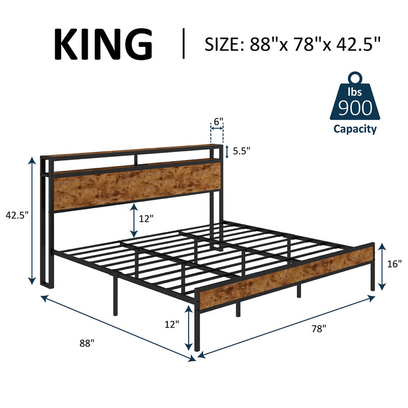 King Size Platform Bed Frame With 2-tier Storage Headboard/ Charging Station,Rustic Brown, Rustic Brown, King