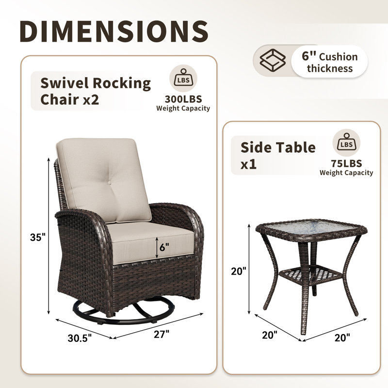 Hilmir 3-Piece Wicker Swivel Rocker Patio Set with Side Table, Beige, Brown