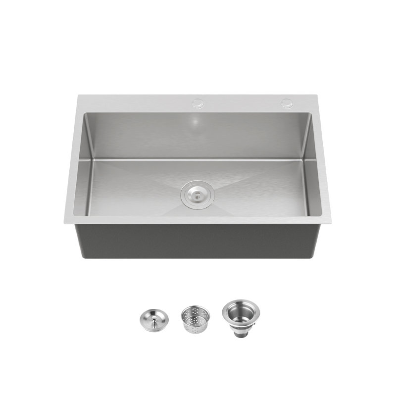 Évier de cuisine à simple cuve en acier inoxydable de 30 pouces avec drain standard américain et crochet, Nickel brossé