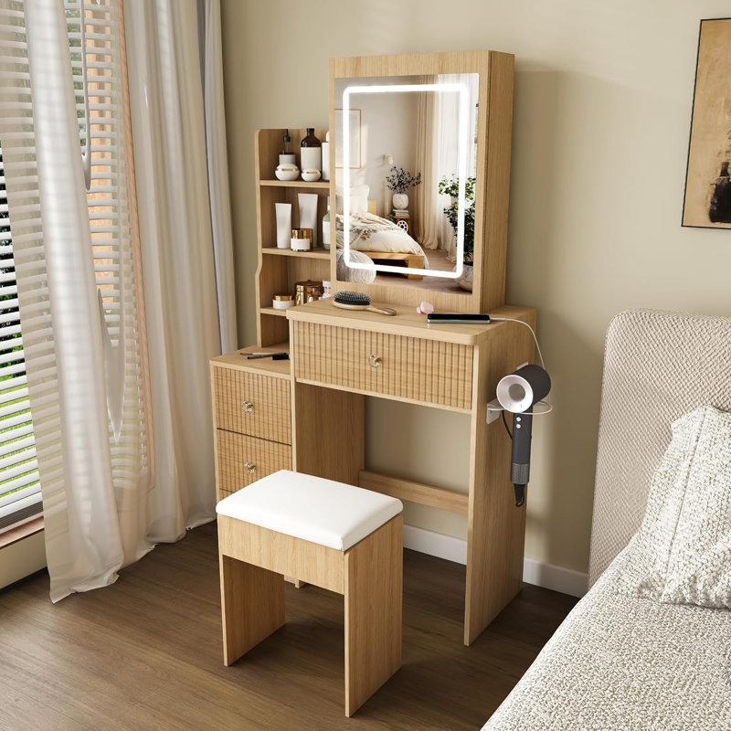 Jaxenor LED Dressing Table with Mirror, Modern Vanity Desk with 4 Drawers & Storage Shelves, Hair Dryer Holder, Power Socket & Dressing Chair for Bedroom, Wood
