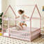 Lit en bois rose pour lit double avec structure de toit, garde-corps de sécurité, lit en bois d'hévéa pour enfants, aucun sommier nécessaire, lit pour tout-petit, lit pour enfant