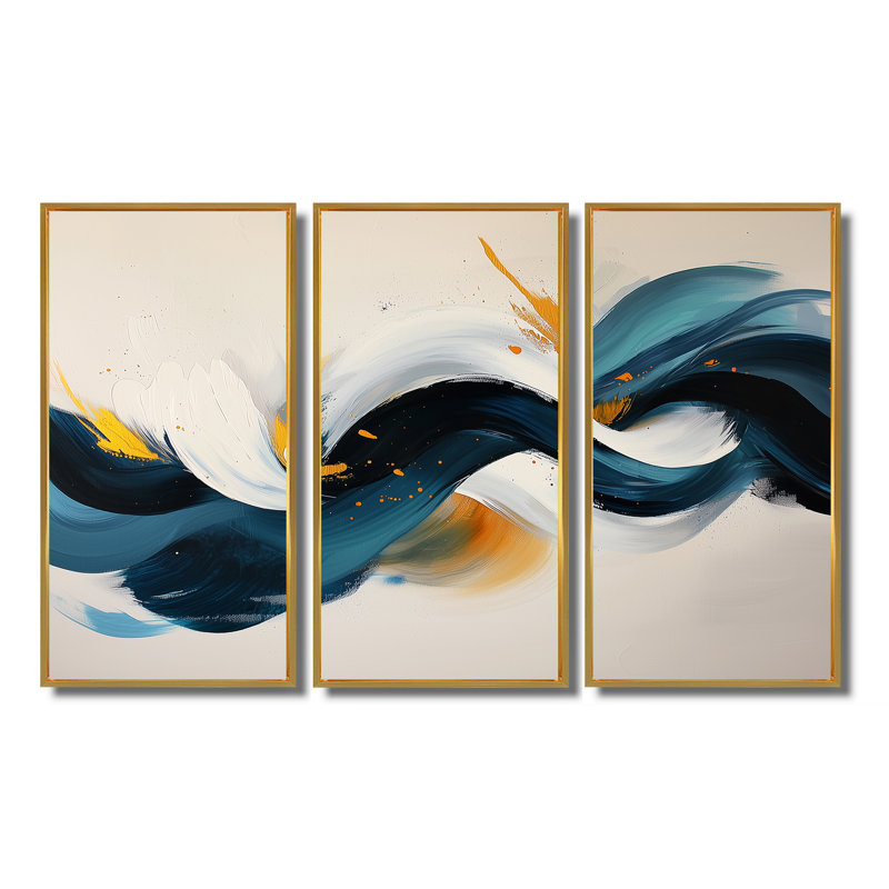 Racines et reflets des vagues abstraites II - art abstrait spirales murales - ensemble de 3, H 28 po x l 36 po, Doré
