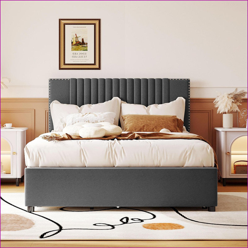 Lit plateforme double tapissier pleine grandeur avec 2 tiroirs Lit gigogne - gris, aucun sommier nécessaire pour la chambre à coucher