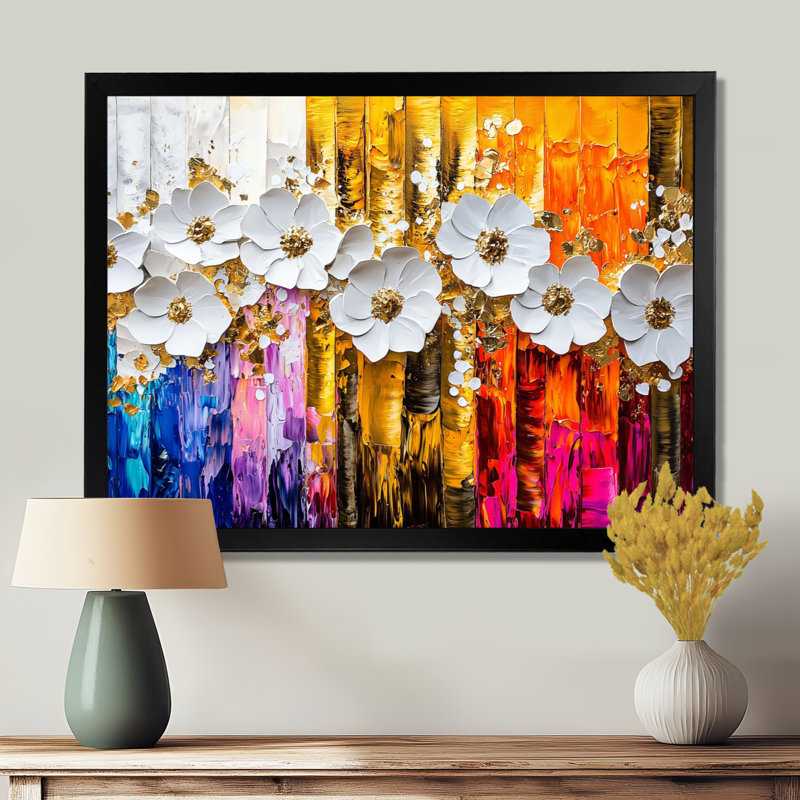 «Abstract Botanical Rainbow Of Flowers I», reproduction d'art abstrait, H 12 po x l 20 po, Noir