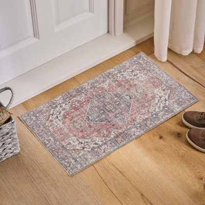 Tapis médaillon d'aspect fait à la main - tapis de sol 100% polyester pour salon, motif captivant, résistant aux taches, décoration intérieure, rose