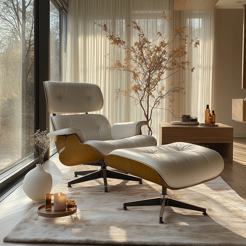 Swivel Lounge Chair With Ottoman, White/Brown Wood