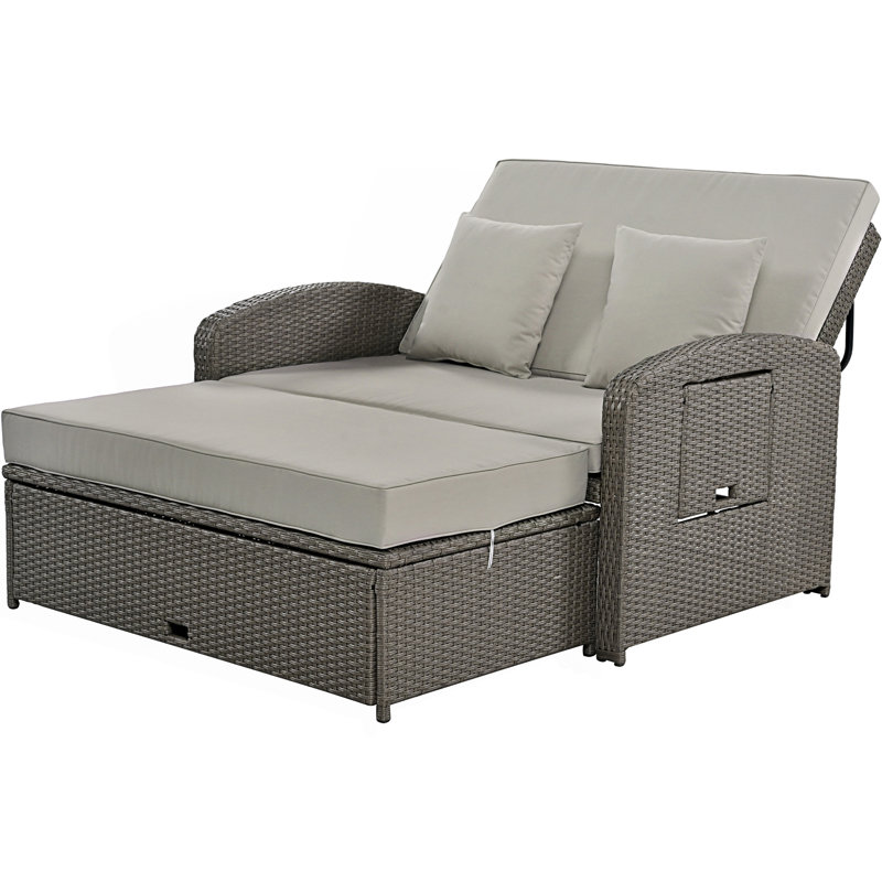 Rattan Double Chaise Lounge, 2-Person Reclining Daybed With Adjustable Back And Cushions, Free Protection Cover, Gray