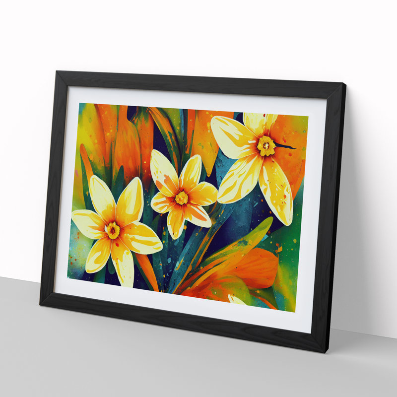 Daffodil Flower Splash Vol.3 Abstract - Single Picture Frame Print, Black, 46cm H x 64cm W x 2cm D