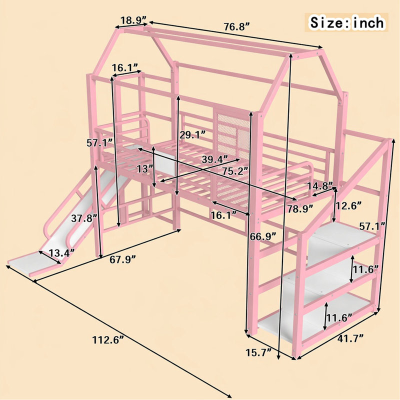 Lit mezzanine simple avec glissade et escalier, lit de jeu en métal avec tablettes de rangement, toit en forme de maison et conception silencieuse, rose