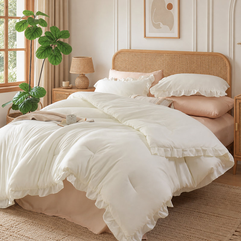 Ruffle Comforter Set 3 Pieces-Bedding for All Seasons Fluffy Vintage Farmhouse Comforter With Two Pillowcases, Creamy White