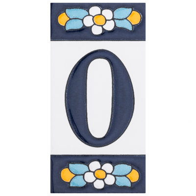 Sevillano 2.13" x 4.38" Ceramic Floral Address Number Wall Tile in White/Blue