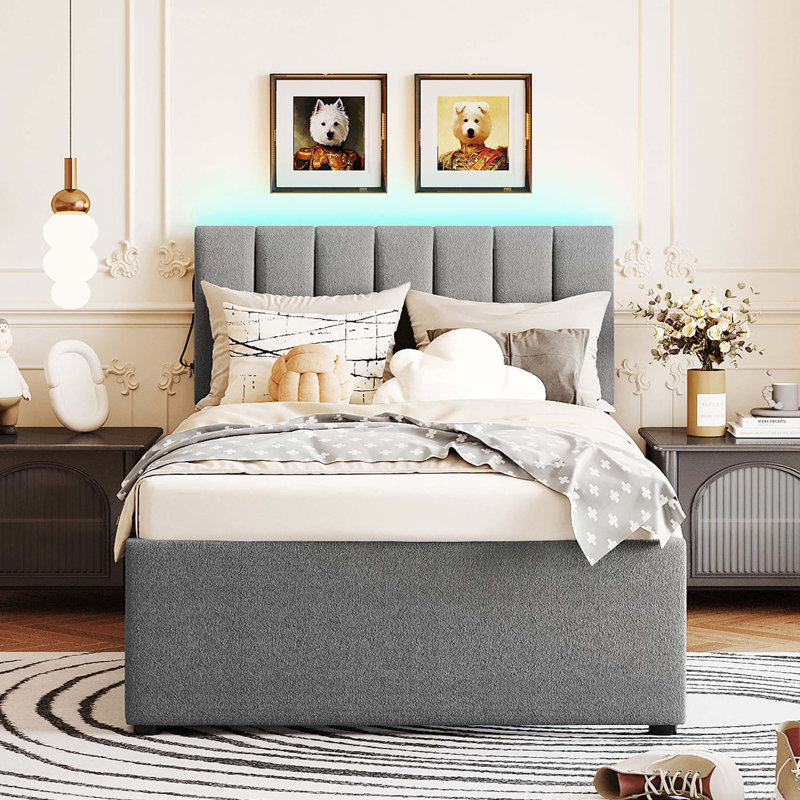 Lit plateforme tapissier simple avec lit gigogne et lumières DEL Teddy, Gris