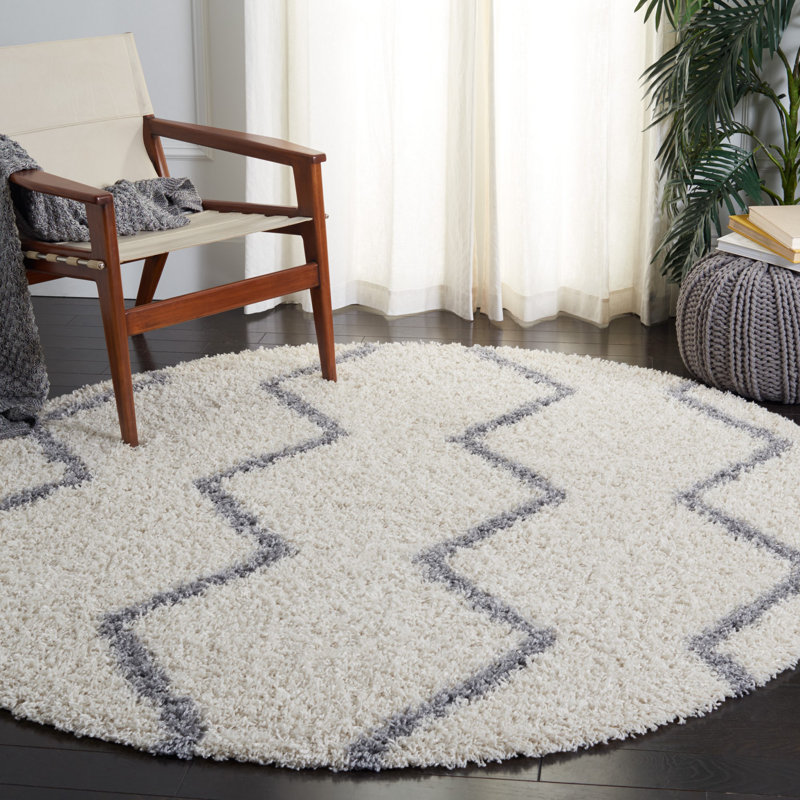 Tapis ivoire à motif géométrique, Rond 6 pi 7 po