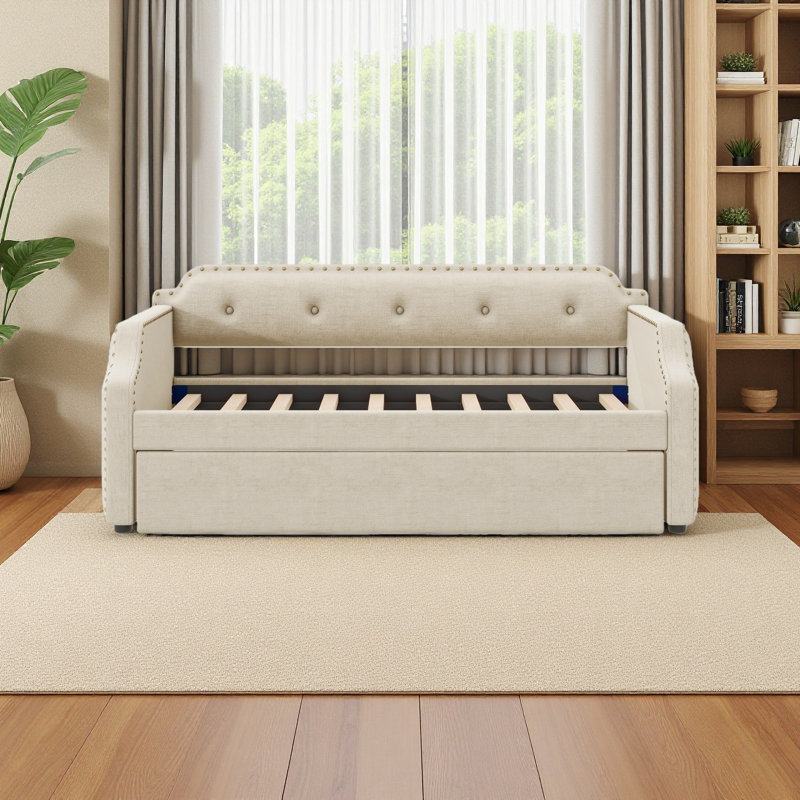Upholstered Daybed With Trundle, Wood Slat Support,Upholstered Frame Sofa Bed , Twin, Beige