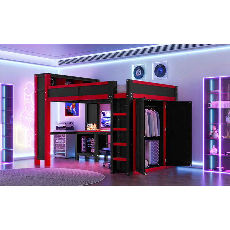 Lit mezzanine en bois avec garde-robe et bureau, tête de lit avec rangement et USB, rouge et noir, Noir / Rouge