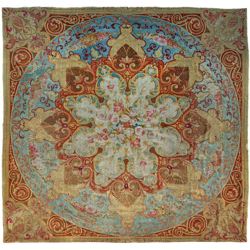 Antique Oversized Aubusson Square Tapestry With Floral Medallion - Rug & Kilim