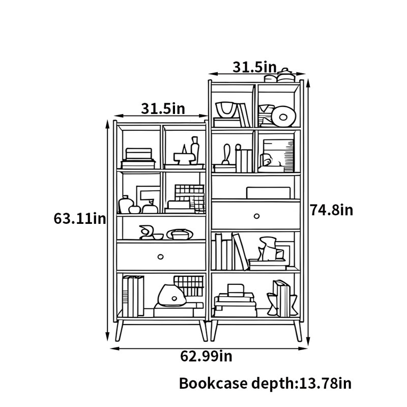 Light luxury modern style bookcase, (11 Shelves) 74.80"H x 62.99"W x 13.78"D