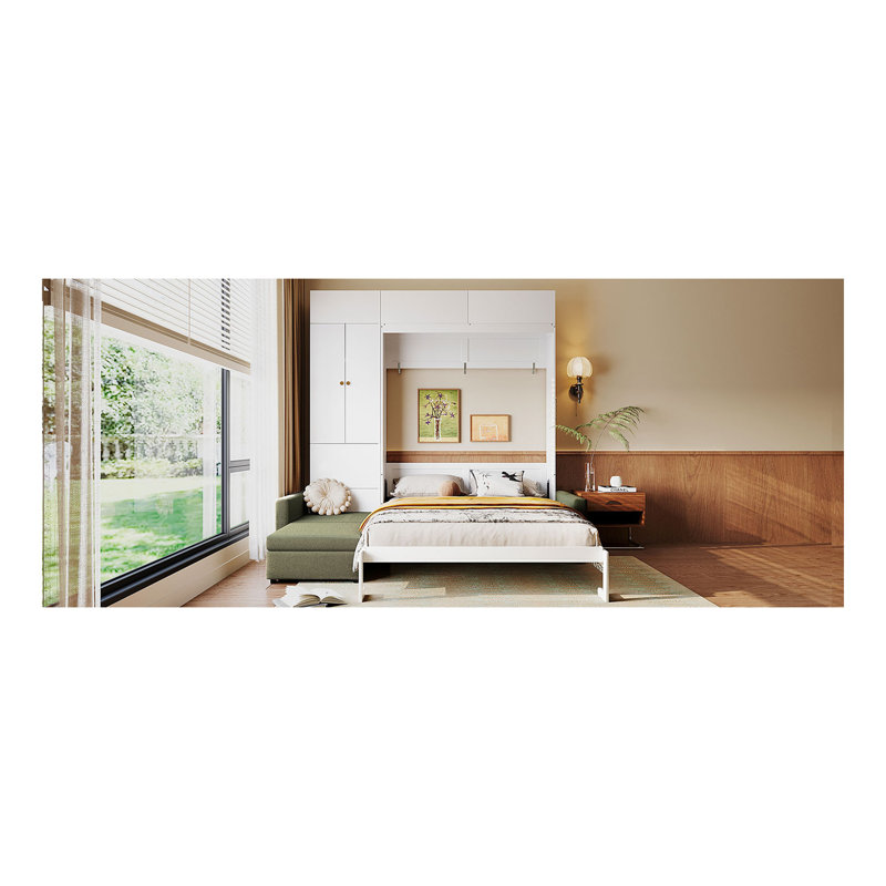 Grand lit escamotable mural avec canapé et tablettes, beige
