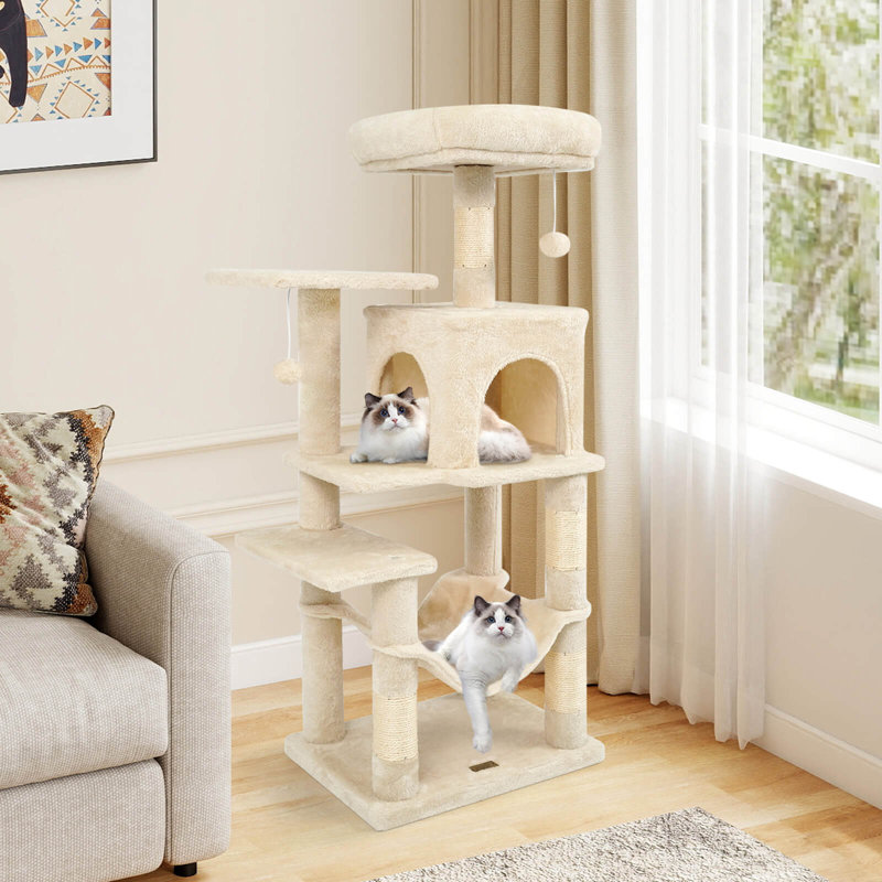 Arbre à chat de 44 po de hauteur multi-niveaux avec perchoir supérieur, 2 entrées pour chat grand beige, Beige