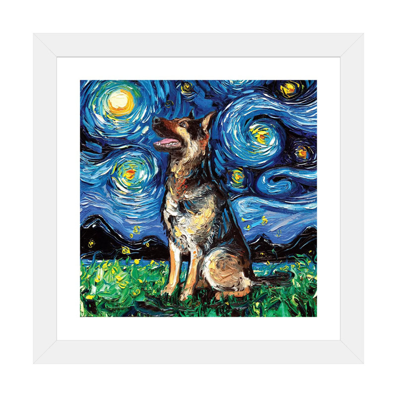 « German Shepherd Night II » par aja Trèves, reproduction d’art, Papier encadré blanc, Blanc, H 16 po x l 16 po x p 1 po