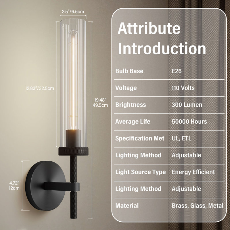 Koutarou 19.48" Dimmable Tube Wall Sconces, Solid Copper Base Black Sconces Wall Lighting(Bulbs Included), Matte Black