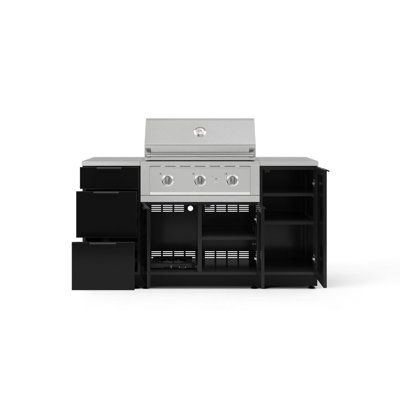 Ensemble d'armoires d'extérieur gris ardoise en aluminium 6 pièces avec 1 porte, 3 tiroirs, armoire de barbecue, barbecue au propane liquide 33 po et dessus en acier inoxydable 16 po