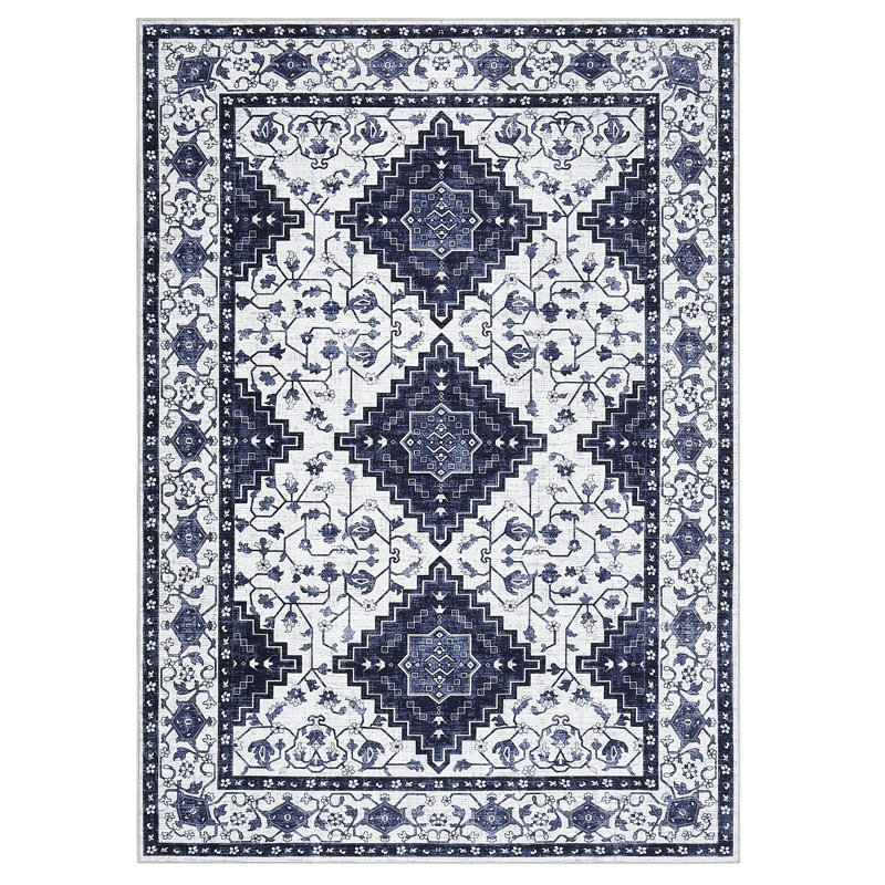 Machine Washable Rug with Rubber Backing for Living Room Oriental Non-Slip Area Rug Easy-Cleaning Vintage Floor Carpet for Bedroom Dining Room