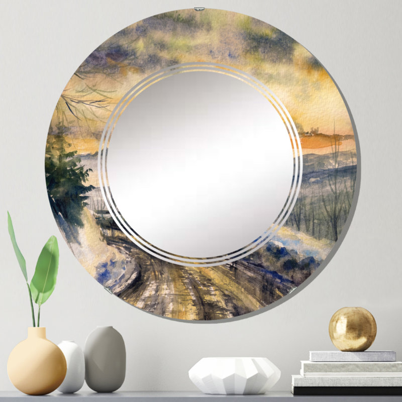 Paysage d'hiver enneigé II - miroir mural campagne rond, 24 po x 24 po
