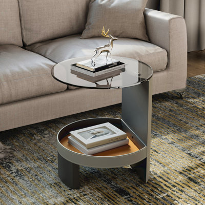 2-tier Round End Table Tempered Glass Sofa Side Coffee Table With Leather Storage Shelf For Living Room