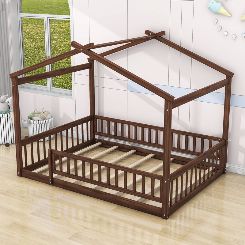Vonie Wood Daybed with Roof and Slats, Walnut, Full/Double